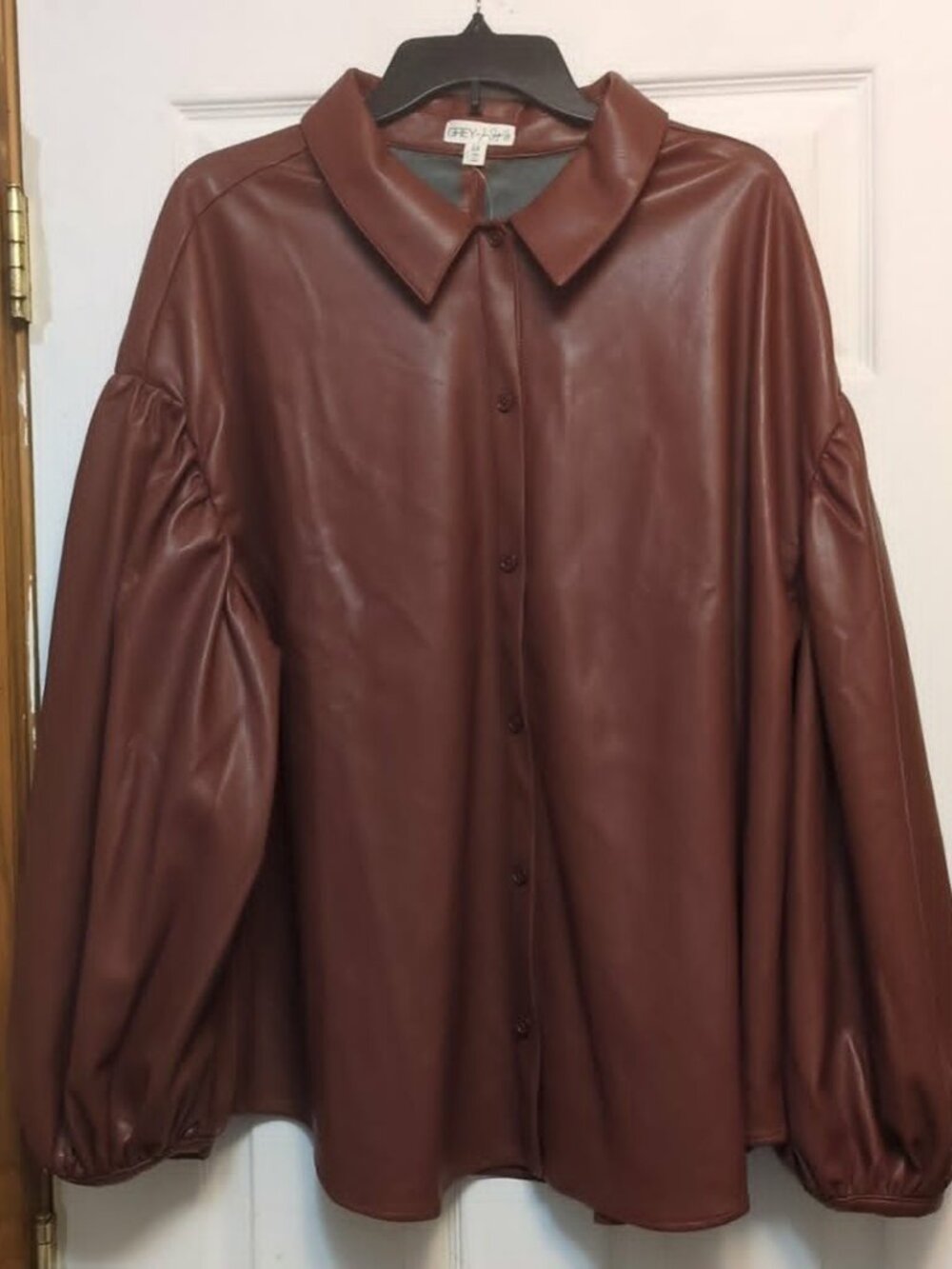 Grey Jhoan Sebastian Grey Faux Leather Brown Button Up Shirt Sz 2X Balloon Sleev